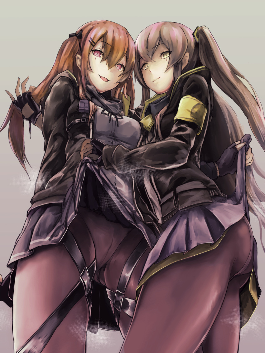 2girls armband ass bangs black_gloves black_legwear black_ribbon blush breasts brown_eyes brown_hair closed_mouth commentary_request crotch_seam eyebrows_visible_through_hair fingerless_gloves girls_frontline gloves hair_between_eyes hair_ornament hairclip highres holding_another's_hair hood hood_down hooded_jacket jacket lifted_by_another long_hair looking_at_viewer medium_breasts mizukamakiri multiple_girls neck_ribbon one_side_up open_mouth panties pantyhose pleated_skirt ribbon scar scar_across_eye shirt sisters skirt skirt_lift smile thigh_strap twins twintails ump45_(girls_frontline) ump9_(girls_frontline) underwear white_shirt yellow_eyes