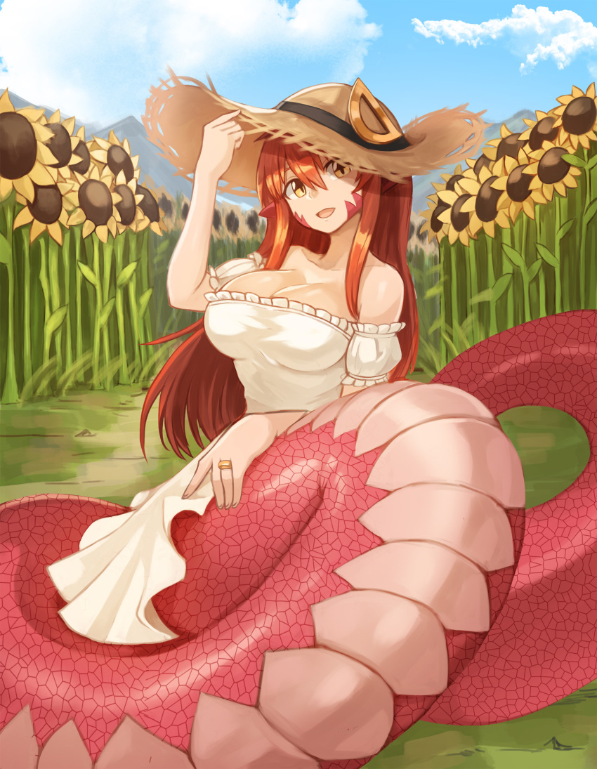 1girl :d bare_shoulders breasts cleavage commission day dress field flower flower_field hair_between_eyes hand_on_headwear hand_on_hip hat hat_removed headwear_removed highres jewelry lamia large_breasts long_hair miia_(monster_musume) monster_girl monster_musume_no_iru_nichijou open_mouth outdoors puffy_short_sleeves puffy_sleeves redhead ring scales short_sleeves sitting slit_pupils smile solo sookmo sundress sunflower wedding_band white_dress yellow_eyes