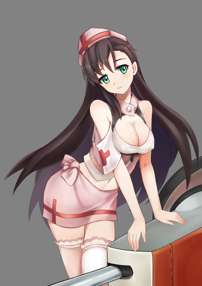 1girl absurdres alternate_costume arizona_(azur_lane) arm_support armband azur_lane bangs bare_shoulders black_hair breasts cannon cleavage cleavage_cutout erect_nipples green_eyes grey_background hat head_tilt highres large_breasts leaning_forward long_hair looking_at_viewer midriff miniskirt navel no_bra nurse_cap pink_skirt red_cross skirt solo the_hermit thigh-highs tied_skirt very_long_hair zettai_ryouiki