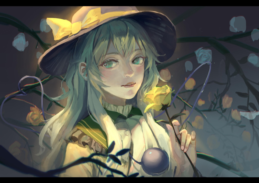 1girl absurdres black_hat blue_flower blue_rose bow collared_shirt eyeball flower green_eyes green_hair hat hat_bow heart heart_of_string highres komeiji_koishi lips long_sleeves qin_xin ribbon rose shirt solo third_eye touhou wavy_hair wide_sleeves yellow_flower yellow_ribbon yellow_rose yellow_shirt