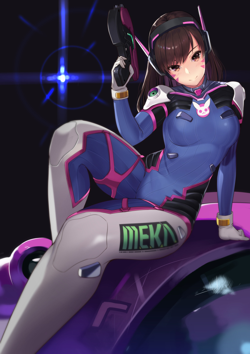 1girl animal_print black_background bodysuit breasts brown_eyes brown_hair bunny_print d.va_(overwatch) gun highres kagematsuri long_hair meka_(overwatch) overwatch ribbed_bodysuit sitting solo weapon whisker_markings