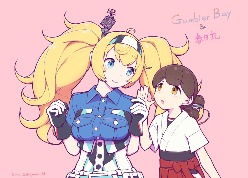 2girls belt belt_buckle blonde_hair blue_eyes blue_shirt breast_pocket brown_eyes brown_hair buckle buttons character_name dated eyebrows_visible_through_hair gambier_bay_(kantai_collection) gloves hair_between_eyes hakama japanese_clothes kantai_collection kasuga_maru_(kantai_collection) long_hair multicolored multicolored_clothes multicolored_gloves multiple_girls mumyoudou open_mouth pink_background pocket red_hakama shirt short_hair short_sleeves simple_background smile twintails twitter_username