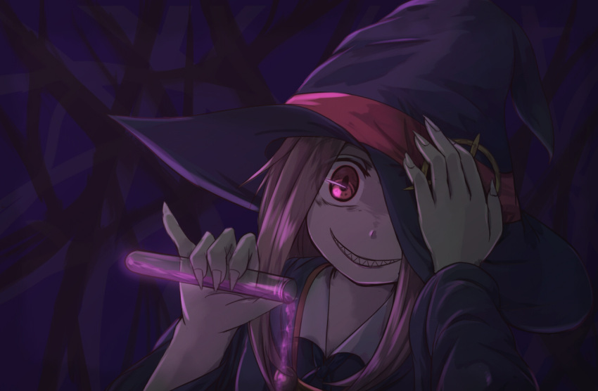 1girl dark fingernails hand_over_eye hat hikari_niji little_witch_academia looking_at_viewer luna_nova_school_uniform pink_hair potion red_eyes robe sharp_fingernails sharp_teeth smile solo sucy_manbavaran teeth witch witch_hat