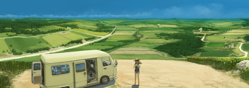 1girl absurdres brown_hair car commentary ground_vehicle hat highres landscape map monono_fumeme motor_vehicle original outdoors sandals scenery short_shorts shorts sky solo tank_top van