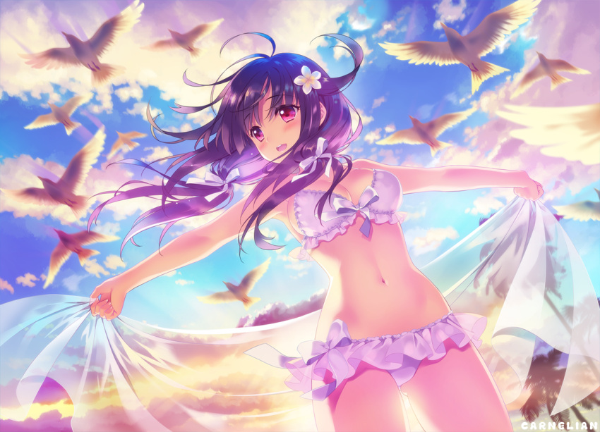 1girl ahoge artist_name bikini bikini_skirt bird blush breasts carnelian clouds dutch_angle flower frilled_bikini frills gluteal_fold graphite_(medium) hair_flower hair_ornament hair_tie kantai_collection large_breasts long_hair looking_to_the_side navel open_mouth outdoors pink_eyes purple_hair seagull sky solo standing swimsuit taigei_(kantai_collection) traditional_media tree twintails white_bikini