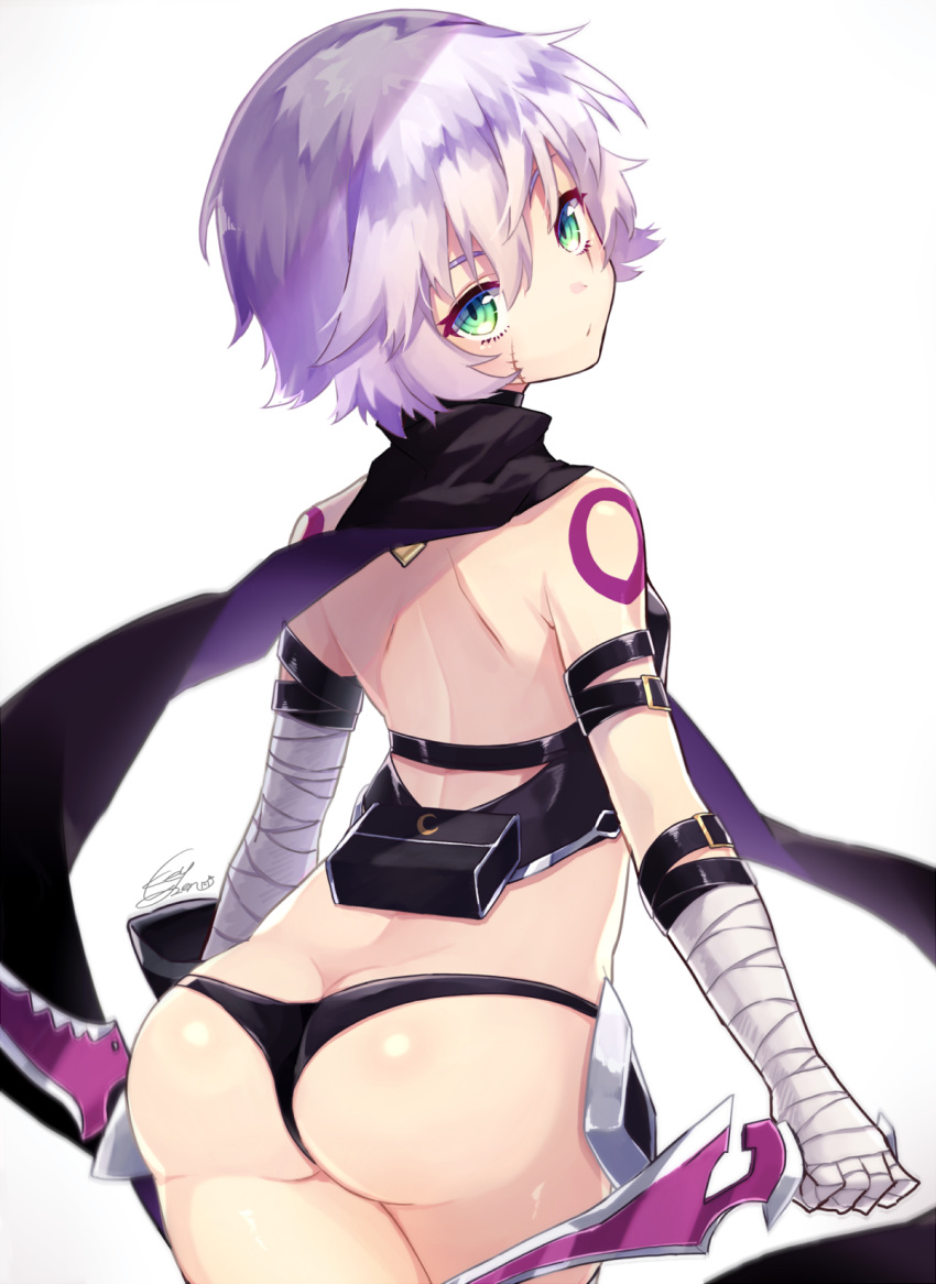 1girl ass bandage bandaged_arm bangs bare_shoulders black_gloves black_panties black_scarf black_shirt blurry blurry_foreground blush closed_mouth dagger depth_of_field facial_scar fate/apocrypha fate/grand_order fate_(series) from_behind fujikiri_yana gloves gradient gradient_background green_eyes hair_between_eyes highres holding holding_dagger holding_weapon jack_the_ripper_(fate/apocrypha) lavender_hair looking_at_viewer looking_back panties pixiv_fate/grand_order_contest_2 scar scar_across_eye scar_on_cheek scarf shirt short_hair shoulder_tattoo silver_hair simple_background single_glove sleeveless sleeveless_shirt solo tattoo underwear weapon white_background