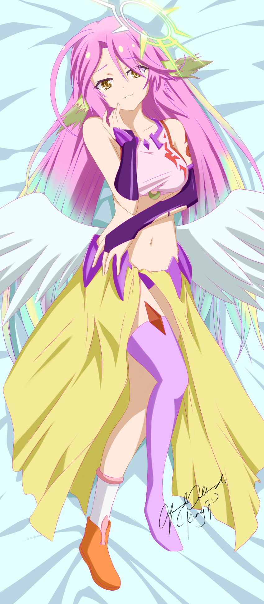 1girl absurdres alfred_cullado angel_wings bed_sheet breasts bridal_gauntlets brown_eyes commentary crop_top dakimakura feathered_wings full_body gloves gradient_hair halo highres jibril_(no_game_no_life) large_breasts long_hair looking_at_viewer low_wings lying magic_circle midriff mismatched_legwear multicolored multicolored_eyes multicolored_hair navel no_game_no_life on_back parted_lips pink_hair shoes single_shoe smile solo stomach tattoo very_long_hair wing_ears wings yellow_eyes