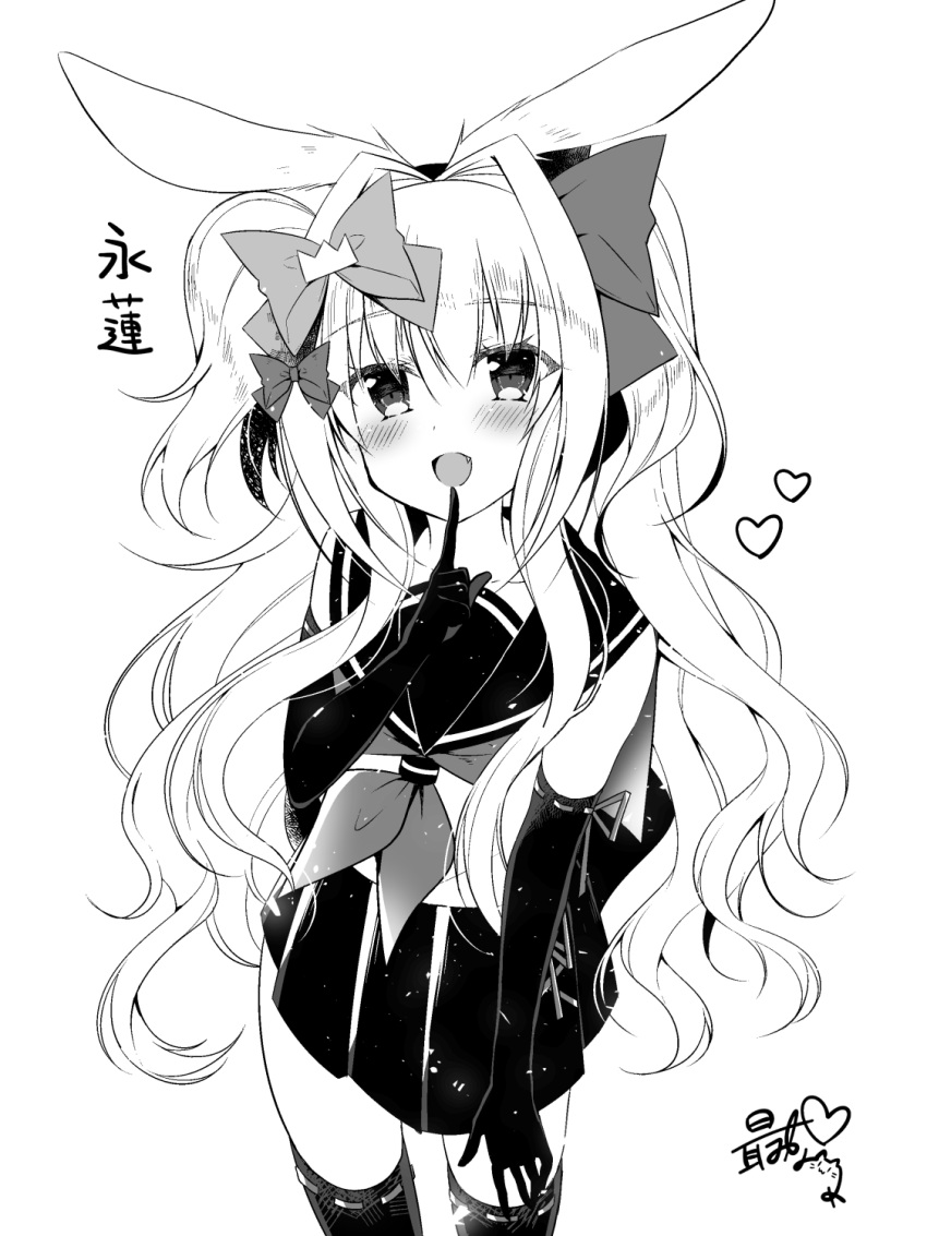 1girl :d animal_ears bangs blush bow elbow_gloves eyebrows_visible_through_hair fang finger_to_mouth gloves greyscale hair_between_eyes hair_bow hair_intakes heart highres index_finger_raised long_hair looking_at_viewer monaka_natsume monochrome neckerchief open_mouth original pleated_skirt rabbit_ears ribbon-trimmed_legwear ribbon_trim sailor_collar school_uniform serafuku shirt signature simple_background skirt sleeveless sleeveless_shirt smile solo thigh-highs translation_request very_long_hair white_background