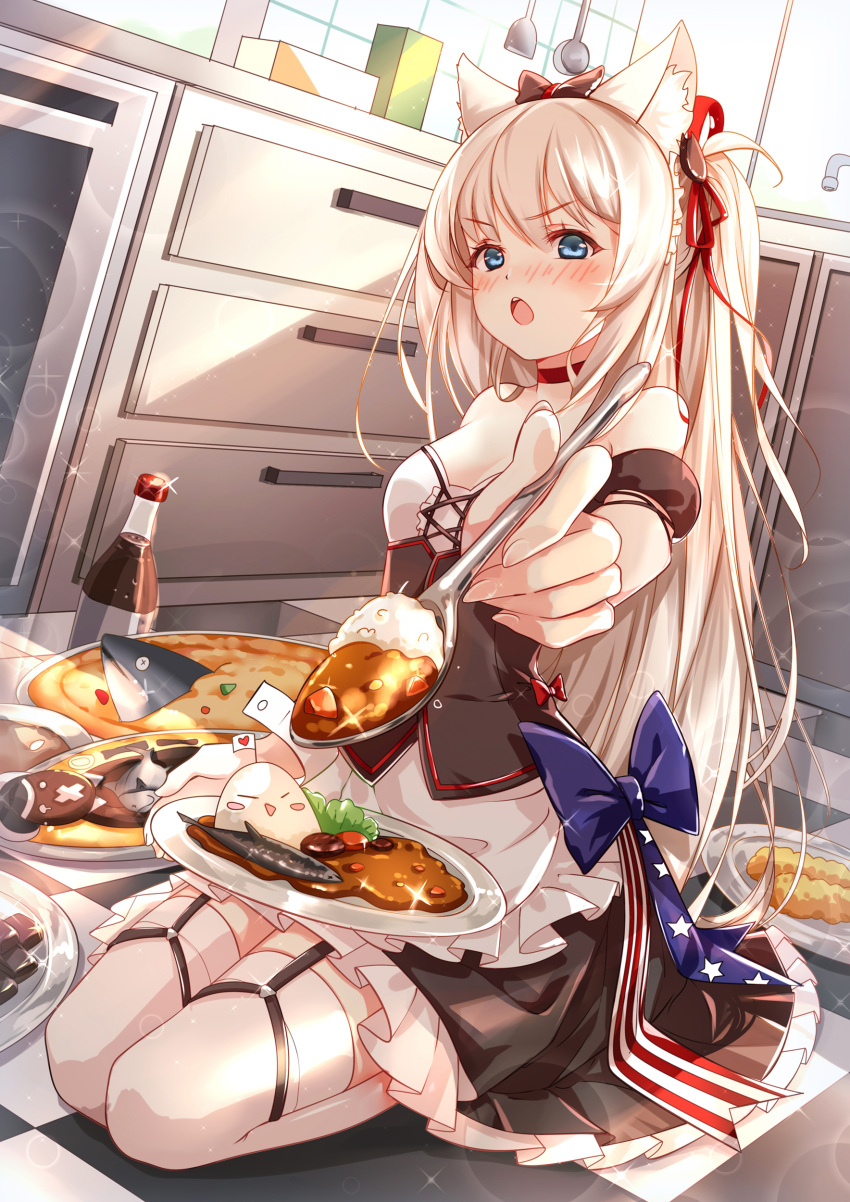 1girl absurdres animal_ears azur_lane blue_eyes blush bottle breasts cat_ears clouble curry curry_rice dishes feeding fish food hair_ornament hair_ribbon hammann_(azur_lane) highres kitchen long_hair looking_at_viewer open_mouth pie remodel_(azur_lane) ribbon rice seiza silver_hair sitting solo spoon thigh-highs white_background