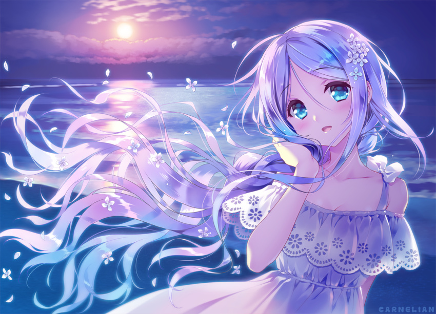 1girl :d alternate_costume artist_name bangs bare_shoulders blue_eyes blush carnelian clouds cloudy_sky collarbone dress eyebrows_visible_through_hair kantai_collection long_hair ocean open_mouth parted_bangs petals silver_hair sky smile solo sun umikaze_(kantai_collection) very_long_hair white_dress