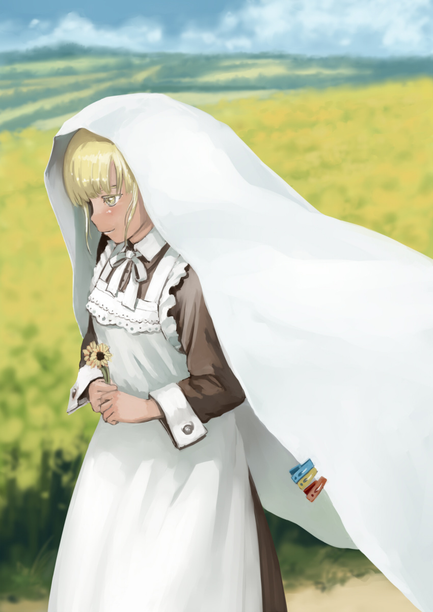 1girl apron bed_sheet blonde_hair blurry clothes_pin depth_of_field flower highres holding holding_flower maid maid_apron monono_fumeme original outdoors solo yellow_eyes