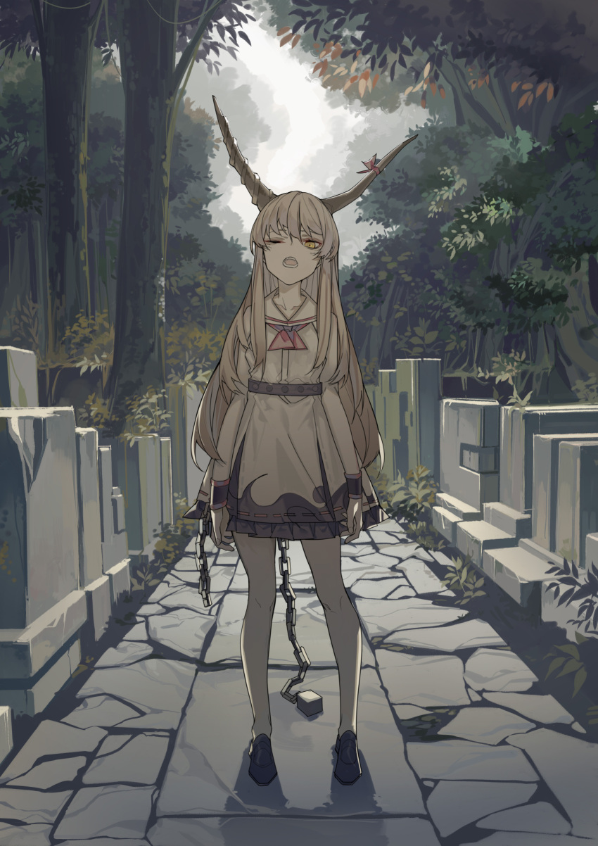 1girl arms_at_sides azling bangs belt black_footwear blonde_hair chains clouds cloudy_sky cobblestone collarbone cube cuffs day dress forest full_body graphite_(medium) graveyard hair_between_eyes head_tilt highres horn_ribbon horns ibuki_suika loafers long_hair looking_at_viewer mixed_media nature neck_ribbon one_eye_closed open_mouth outdoors ribbon ribbon-trimmed_skirt ribbon_trim shackles shadow shoes sky sleeveless sleeveless_dress solo teeth tombstone touhou traditional_media very_long_hair yellow_eyes