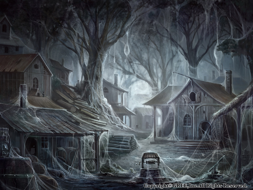 barrel commentary_request crate forest highres horror_(theme) lantern nature no_humans official_art outdoors ruins scenery seisen_cerberus silk spider_web town tree watermark well z.dk