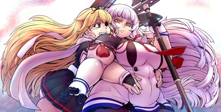 &gt;:&lt; 2girls :&lt; bangs belly_grab belly_rub biceps big_belly blonde_hair blunt_bangs breasts bridal_gauntlets buttons colored_eyelashes commentary covered_navel dress english_commentary fat fat_folds gloves grin highres hug hug_from_behind kantai_collection large_breasts long_hair multiple_girls murakumo_(kantai_collection) obese orange_eyes panties pleated_skirt red_eyes ringsong scarf school_uniform serafuku short_sleeves skirt smile striped striped_panties underwear v-shaped_eyebrows very_long_hair weapon white_hair yuri yuudachi_(kantai_collection)