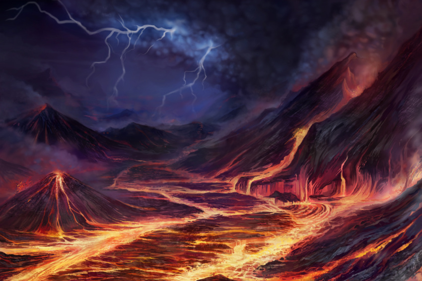 commentary_request lightning molten_rock no_humans official_art original outdoors scenery smoke steam volcano z.dk