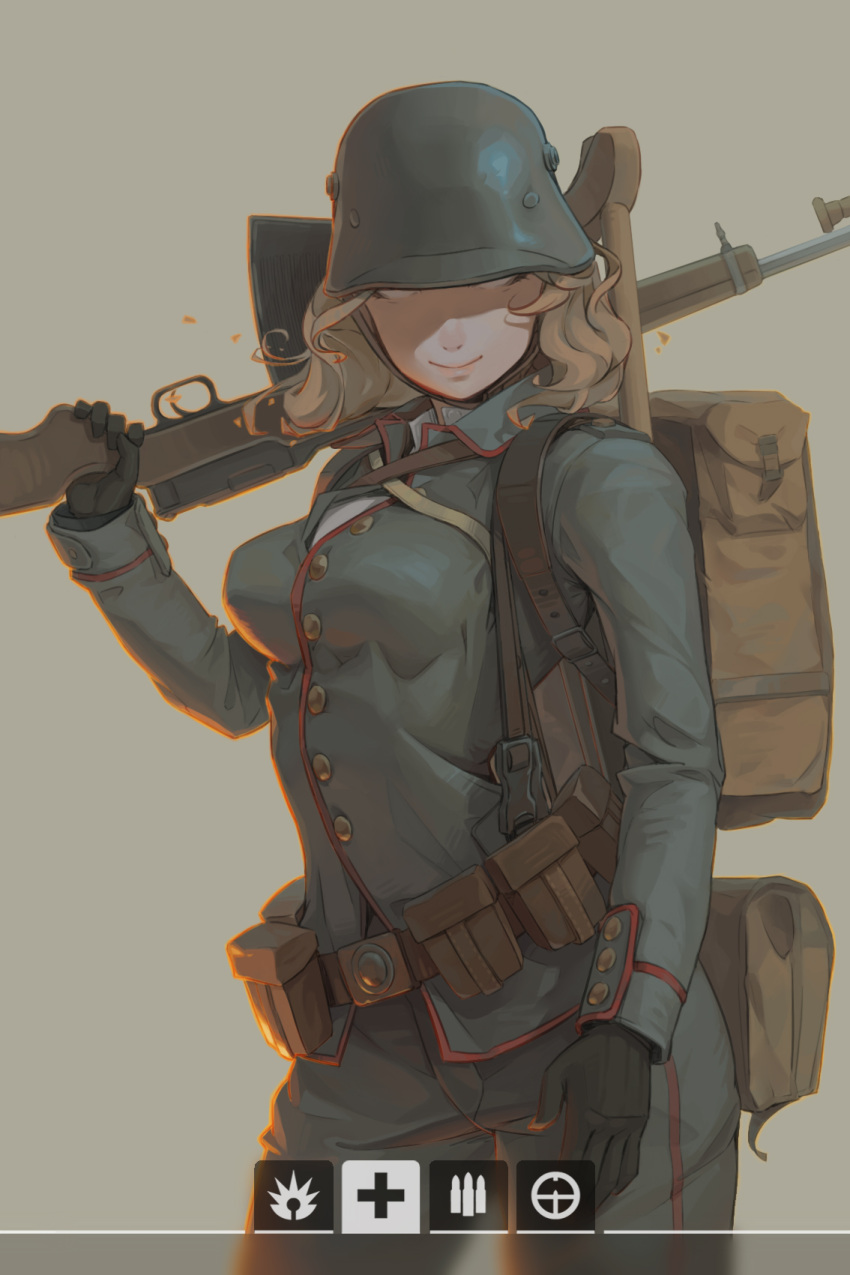 1girl ammunition_pouch backpack bag battlefield_(series) battlefield_1 belt bk-201xwz black_gloves blonde_hair covered_eyes crutch gloves gun helmet highres holding holding_gun holding_weapon long_hair looking_at_viewer military military_uniform over_shoulder pouch rifle smile solo tan_background uniform utility_belt weapon weapon_over_shoulder