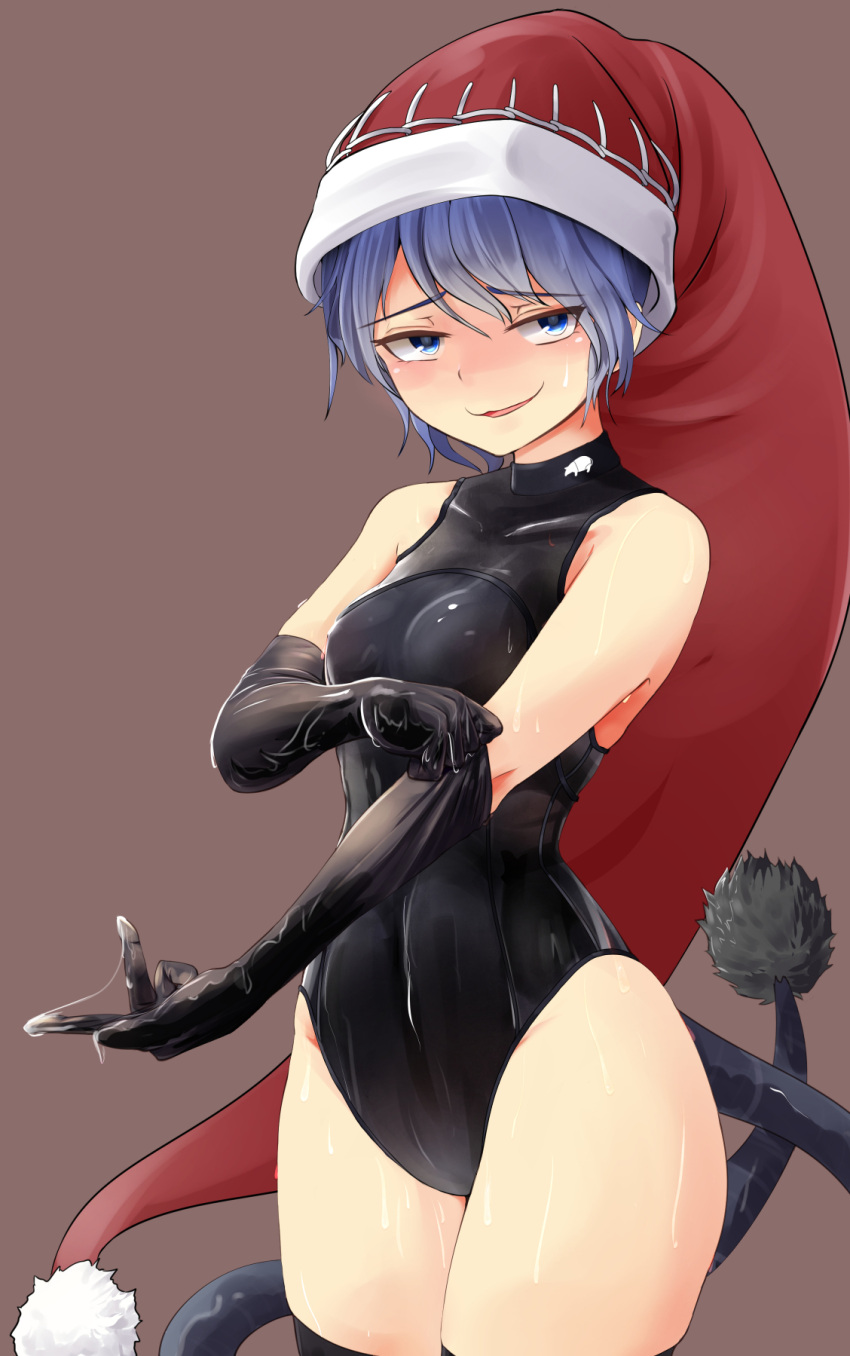 1girl black_gloves black_swimsuit blue_eyes blue_hair brown_background competition_swimsuit cowboy_shot doremy_sweet elbow_gloves gloves hat highres nama_shirasu nightcap one-piece_swimsuit pom_pom_(clothes) short_hair simple_background solo standing swimsuit touhou turtleneck wet wet_clothes wet_swimsuit