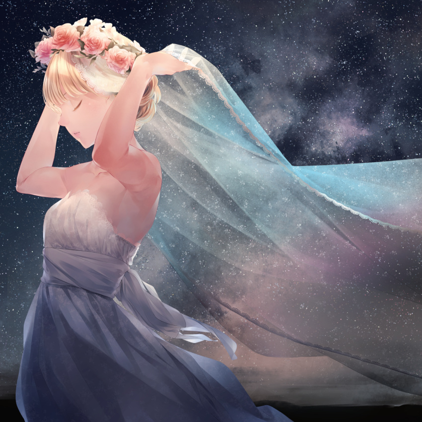 1girl armpits blonde_hair bridal_veil closed_eyes closed_mouth commentary_request dress flower from_side hands_up head_wreath highres holding original red_flower red_rose rose sky smile solo sousou_(sousouworks) standing star_(sky) starry_sky veil wedding_dress white_dress