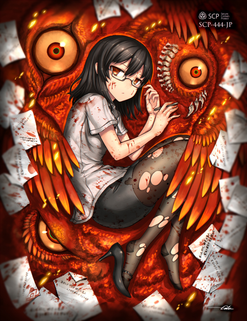 1girl black_hair blood closed_mouth gia high_heels highres looking_at_viewer lying medium_hair on_side orange_eyes pantyhose pencil_skirt scp_foundation semi-rimless_eyewear skirt solo torn_clothes torn_pantyhose