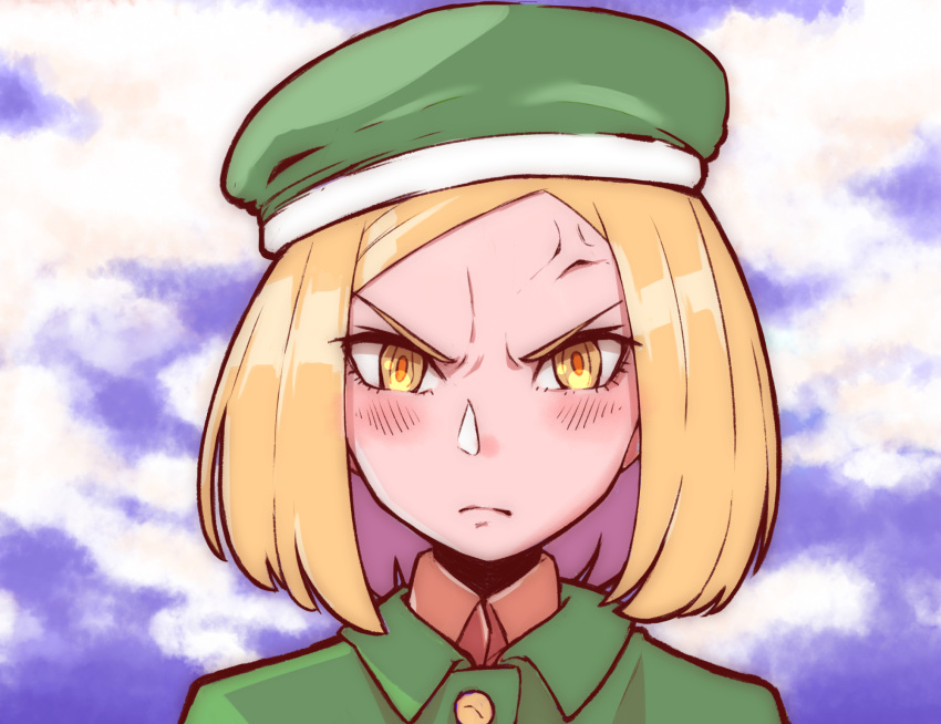 1girl anger_vein angry arutemawp87 blonde_hair blue_sky blush clouds cloudy_sky coat commentary_request fate/grand_order fate_(series) frown green_coat green_hat hat highres looking_at_viewer paul_bunyan_(fate/grand_order) pixiv_fate/grand_order_contest_2 portrait short_hair sky solo yellow_eyes