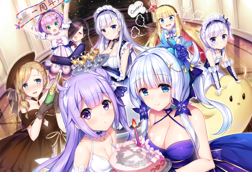 6+girls :d :o absurdres alcohol ark_royal_(azur_lane) azur_lane bangs bare_shoulders belchan_(azur_lane) belfast_(azur_lane) black_ribbon blonde_hair blue_eyes blue_flower blue_jacket blue_rose blush bottle bow breasts brown_dress brown_hair brown_hat cake champagne champagne_bottle cleavage closed_mouth cocktail_glass collarbone commentary_request criss-cross_halter crown cup detached_sleeves dress drinking_glass dutch_angle elbow_gloves english eyebrows_visible_through_hair flower food gloves green_eyes hair_between_eyes hair_bow hair_bun hair_flower hair_ornament hair_over_one_eye hair_ribbon hairband halterneck hat highres holding holding_bottle holding_tray hood_(azur_lane) hug illustrious_(azur_lane) indoors jacket javelin_(azur_lane) large_breasts long_hair looking_at_viewer maid maid_headdress mini_crown multiple_girls one_side_up open_mouth parted_lips ponytail puffy_short_sleeves puffy_sleeves purple_dress purple_hair queen_elizabeth_(azur_lane) ribbon rose short_sleeves side_bun silver15 silver_hair small_breasts smile strapless strapless_dress striped striped_hairband tray unicorn_(azur_lane) very_long_hair violet_eyes white_bow white_dress white_gloves younger