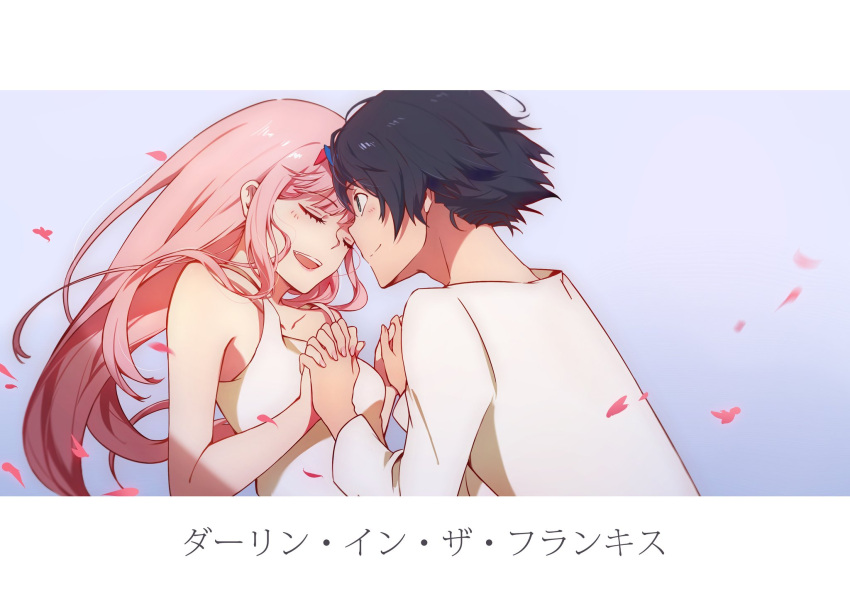 1boy 1girl bangs bare_shoulders black_hair blue_eyes blue_horns blush chenaze57 closed_eyes collarbone commentary_request couple darling_in_the_franxx face-to-face facing_another fang fingernails forehead-to-forehead fringe hair_ornament hairband hand_holding hetero highres hiro_(darling_in_the_franxx) horns letterboxed long_hair looking_at_another nightgown oni_horns pajamas petals pink_hair red_horns short_hair sleeveless translated white_hairband white_pajamas zero_two_(darling_in_the_franxx)