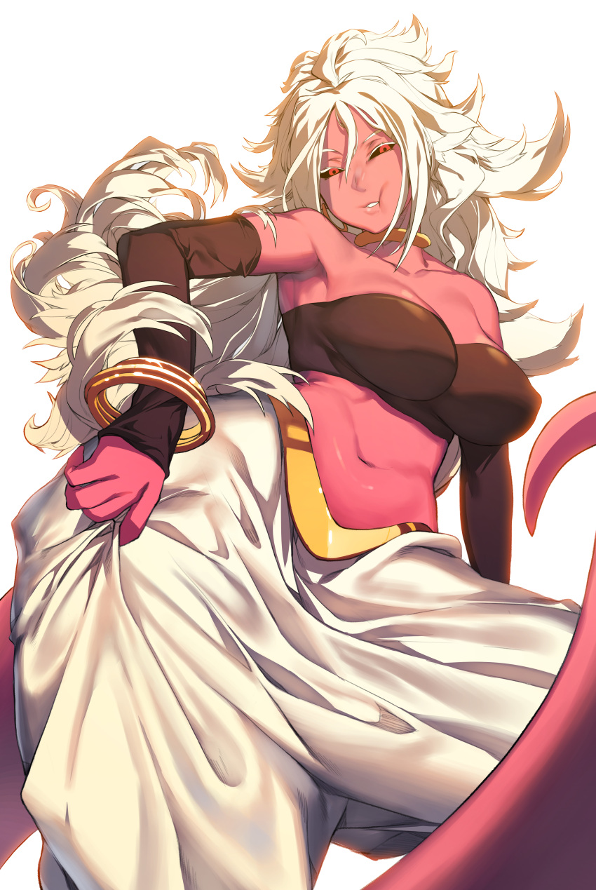 1girl absurdres android_21 android_21_(evil) baggy_pants bare_shoulders black_sclera bracelet breasts collarbone detached_sleeves dragon_ball dragon_ball_fighterz eureka_brider harem_pants highres impossible_clothes jewelry large_breasts long_hair looking_at_viewer majin_android_21 messy_hair midriff monster_girl navel neck_ring pants pink_skin red_eyes solo strapless tail tubetop very_long_hair white_background white_hair