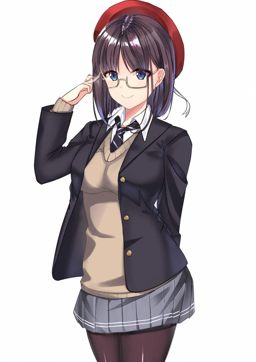 1girl arm_behind_back black_blazer black_neckwear blue_eyes brown brown_legwear glasses grey_skirt hand_up hat highres looking_at_viewer medium_hair mukatsukulsp original pantyhose pleated_skirt red_hat school_uniform simple_background skirt smile solo standing striped_neckwear sweater uniform