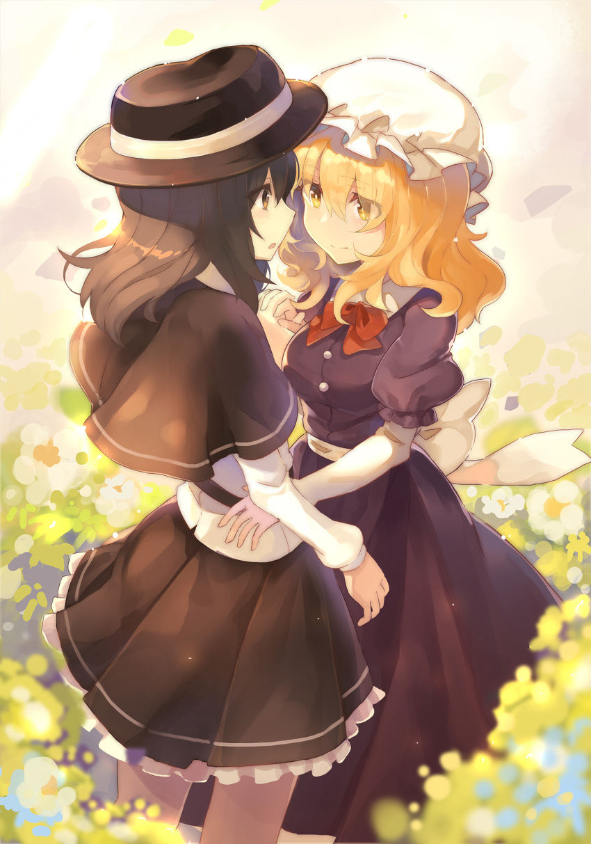 2girls belt black_belt black_capelet black_skirt blonde_hair bow bowtie breasts brown_eyes brown_hair brown_hat capelet commentary_request cowboy_shot dress eye_contact eyebrows_visible_through_hair eyes_visible_through_hair fedora field flower flower_field hair_between_eyes hand_holding hat highres interlocked_fingers long_hair long_sleeves looking_at_another maribel_hearn medium_breasts mob_cap multiple_girls parted_lips petticoat profile puffy_short_sleeves puffy_sleeves purple_dress red_bow red_neckwear rin_falcon sash shirt short_sleeves skirt smile standing touhou usami_renko white_flower white_hat white_sash white_shirt white_sleeves yellow_eyes yuri