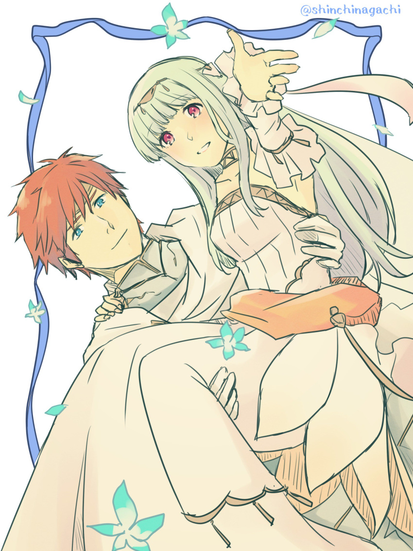 1boy 1girl absurdres bare_shoulders blue_eyes blue_hair blue_hairband bouquet bridal_veil bride cape carrying dress elbow_gloves eliwood_(fire_emblem) fire_emblem fire_emblem:_rekka_no_ken fire_emblem_heroes flower formal gloves hair_flower hair_ornament hairband headband highres jewelry long_hair looking_at_viewer mamkute necklace ninian nishimura_(nianiamu) princess_carry rose short_hair simple_background smile strapless strapless_dress suit tuxedo veil wedding wedding_dress white_background white_dress white_gloves