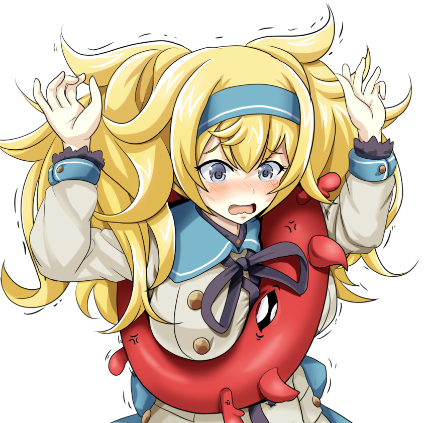 1girl alternate_costume anger_vein blonde_hair blue_eyes blue_hairband blush buttons commentary_request dress enemy_lifebuoy_(kantai_collection) gambier_bay_(kantai_collection) hair_between_eyes hairband kantai_collection long_hair long_sleeves open_mouth sailor_dress shinkaisei-kan simple_background solo tk8d32 twintails white_background white_dress