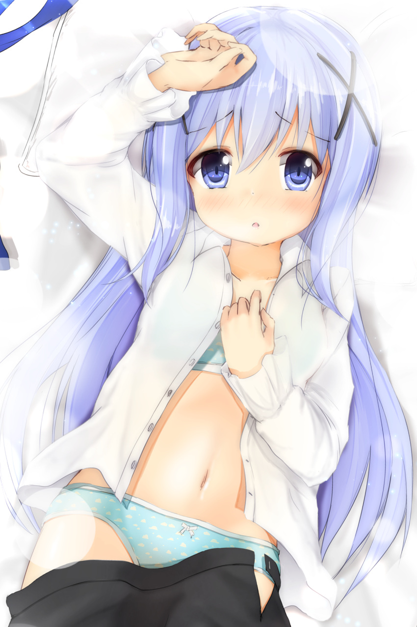 1girl arm_up bangs black_skirt blue_bra blue_eyes blue_panties blush bow bow_panties bra cloud_print collarbone collared_shirt commentary_request dress_shirt eyebrows_visible_through_hair gochuumon_wa_usagi_desu_ka? hair_between_eyes hair_ornament hand_on_own_chest highres kafuu_chino long_hair long_sleeves maru_shion navel nose_blush open_clothes open_shirt panties parted_lips pillow print_bra print_panties rabbit_house_uniform shirt skirt skirt_pull solo underwear uniform very_long_hair white_shirt x_hair_ornament