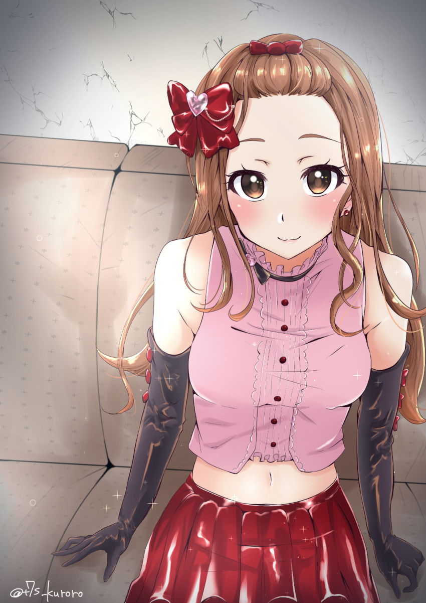 1girl :3 aihara_miu bangs_pinned_back black_bow black_gloves bow bowtie brown_hair buttons closed_mouth couch cracked_wall cropped_shirt earrings elbow_gloves eyelashes glove_bow gloves hair_bow highres jewelry latex long_hair looking_at_viewer navel pink_shirt red_bow shirt sitting sleeveless sleeveless_shirt solo sparkle stud_earrings t7s-kuroro tokyo_7th_sisters