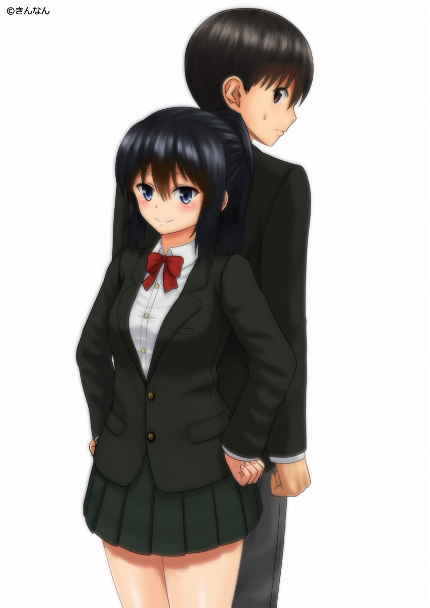 1boy 1girl back-to-back bangs blazer blush bow bowtie brown_hair closed_mouth collared_shirt cowboy_shot eyebrows_visible_through_hair gakuran green_jacket green_skirt grey_pants hands_on_hips height_difference highres jacket kinnan looking_at_viewer looking_back miniskirt original pants ponytail profile red_bow red_eyes red_neckwear revision school_uniform shirt short_hair sidelocks simple_background skirt smile standing sweatdrop white_background white_shirt wing_collar