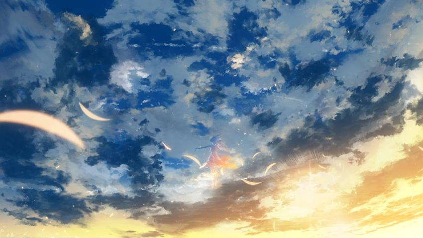 1girl blue_sky blurry blurry_foreground clouds cloudy_sky commentary_request depth_of_field flying highres light_rays original outdoors outstretched_arms scenery sky solo spread_arms sunset y_y_(ysk_ygc)