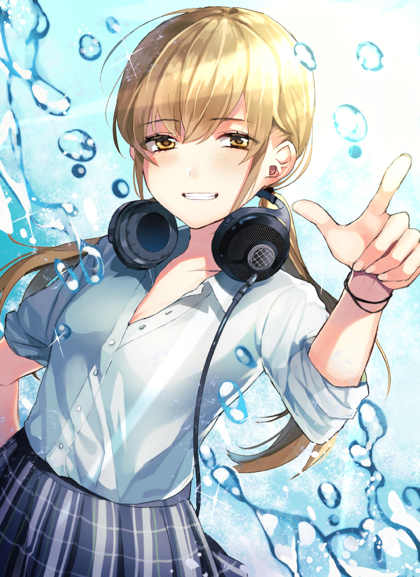 1girl bangs black_skirt blonde_hair blush breasts brown_eyes collarbone commentary_request derori dress_shirt eyebrows_visible_through_hair fingernails grin hair_between_eyes hand_up headphones headphones_around_neck highres index_finger_raised long_hair long_sleeves looking_at_viewer low_twintails original plaid plaid_skirt pleated_skirt shirt skirt sleeves_folded_up small_breasts smile solo twintails very_long_hair water_drop white_shirt