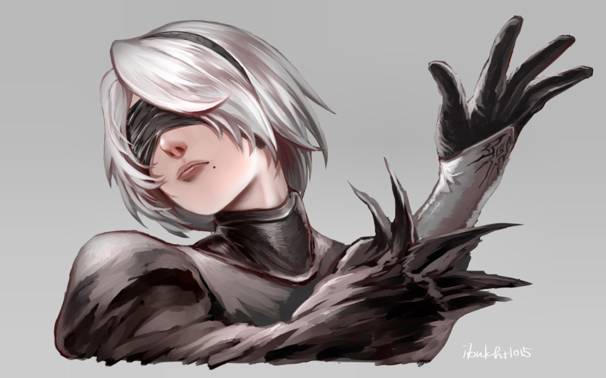 1girl android arm_up black_blindfold black_dress black_hairband blindfold covered_eyes dress facing_viewer feather-trimmed_sleeves gloves hairband highres juliet_sleeves long_sleeves looking_to_the_side mole mole_under_mouth nier_(series) nier_automata pink_lips puffy_sleeves rv86qxhg2jh0dihr6t3j silver_hair upper_body vambraces yorha_no._2_type_b