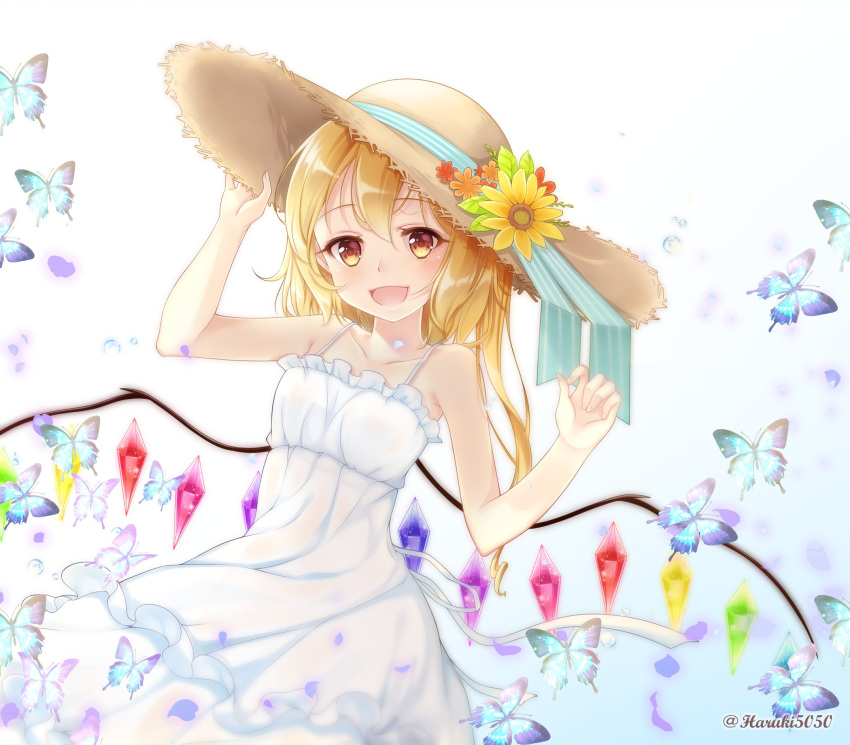 1girl :d alternate_costume alternate_headwear artist_name bare_arms bare_shoulders blonde_hair blue_background blue_ribbon blush bug butterfly collarbone commentary_request cowboy_shot crystal dress flandre_scarlet flower gradient gradient_background hair_between_eyes hand_on_headwear hands_up haruki_(colorful_macaron) hat hat_flower hat_ribbon highres insect long_hair looking_at_viewer open_mouth orange_flower red_eyes ribbon side_ponytail smile solo spaghetti_strap standing sun_hat sundress touhou twitter_username white_background white_dress wings yellow_flower