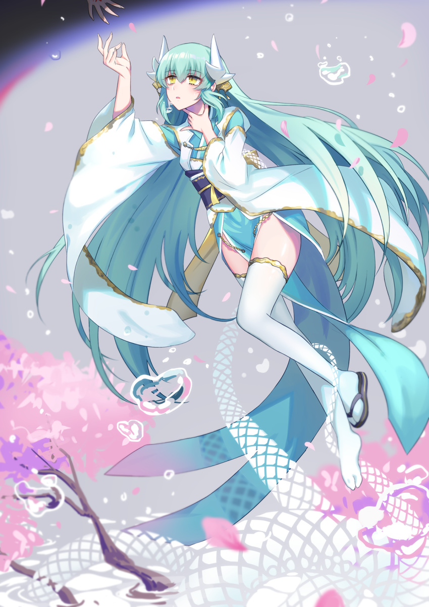 1girl aqua_hair bow cherry_blossoms command_spell commentary_request dragon_girl dragon_horns fate/grand_order fate_(series) highres horns japanese_clothes kimono kiyohime_(fate/grand_order) long_hair obi pixiv_fate/grand_order_contest_2 sash snake solo_focus thigh-highs water white_legwear wide_sleeves yellow_bow yellow_eyes yuura