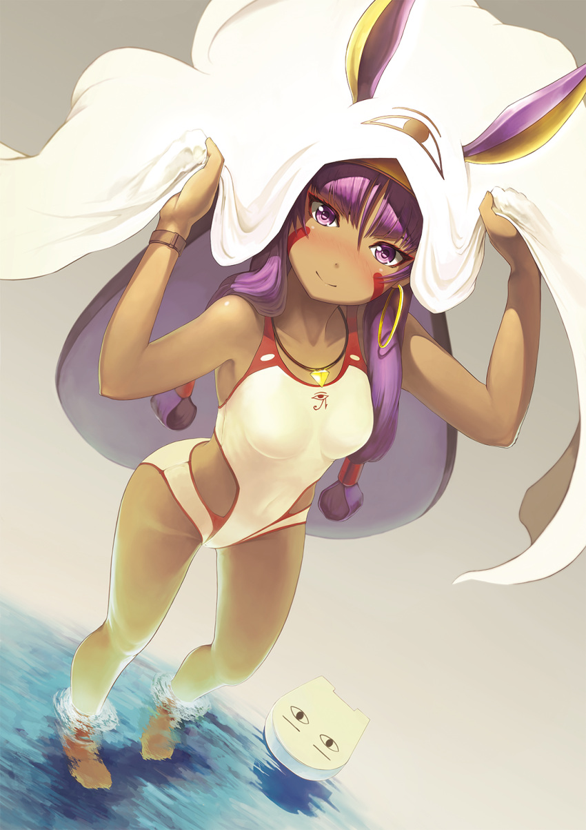 1girl animal_ears arms_up bangs bare_arms bare_shoulders blush brown_background casual_one-piece_swimsuit closed_mouth collarbone commentary_request cosplay dutch_angle eyebrows_visible_through_hair facial_mark fate/grand_order fate_(series) hair_between_eyes highres jackal_ears jewelry kickboard long_hair looking_at_viewer medjed medjed_(cosplay) nitocris_(swimsuit_assassin)_(fate) nose_blush one-piece_swimsuit pendant pixiv_fate/grand_order_contest_2 purple_hair smile solo standing swimsuit very_long_hair violet_eyes wading water white_swimsuit yoka1chi