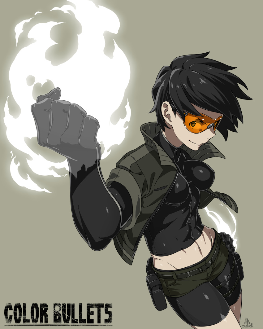 1girl absurdres belt bike_shorts black_hair character_name color_bullets commentary_request danielle_redford_(kamezaemon) gloves highres jacket kamezaemon midriff military_jacket navel pouch short_hair solo sunglasses