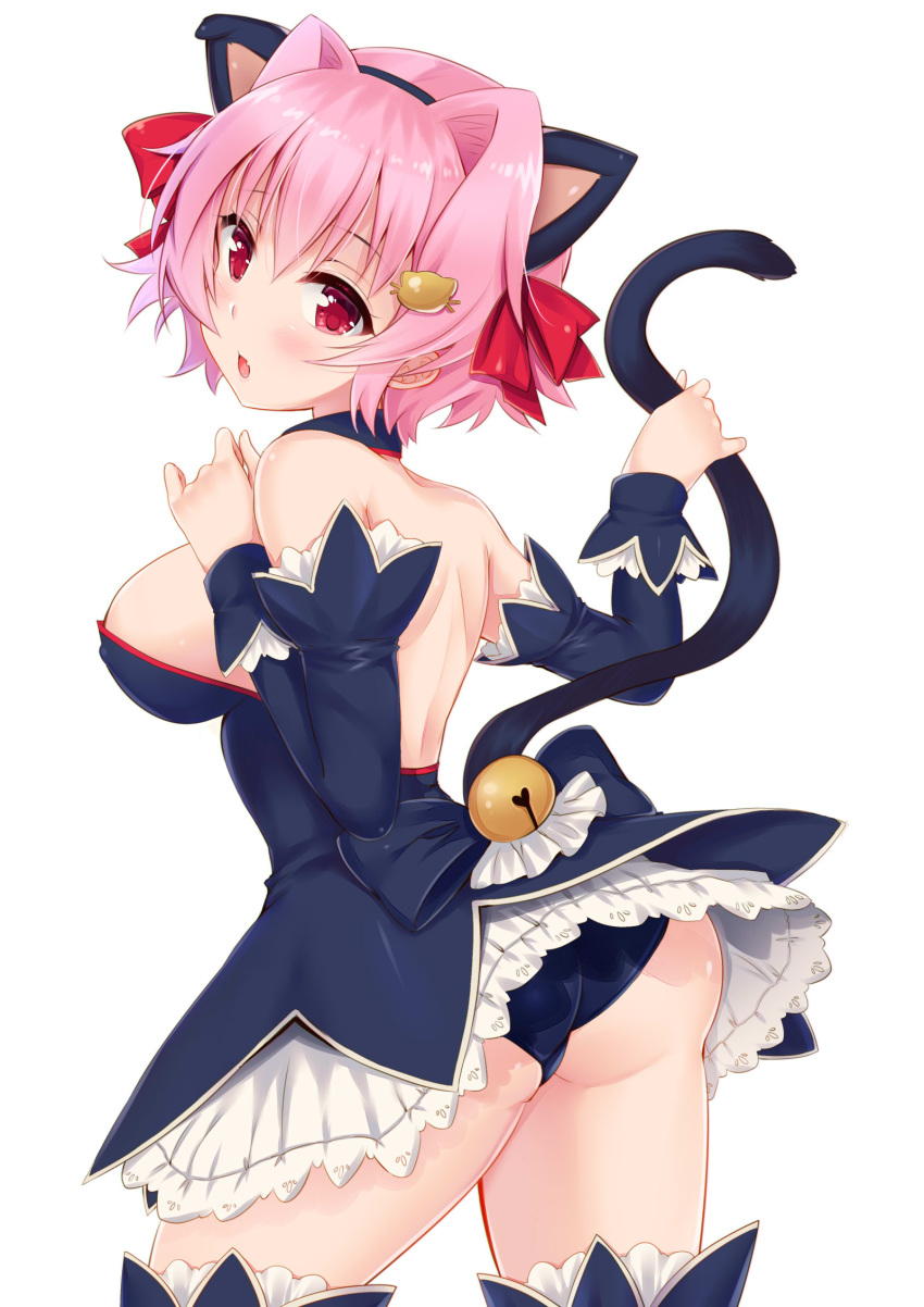 1girl alternate_costume angel_mort animal_ears bare_shoulders bell black_choker black_legwear black_panties blush breasts cat_ears cat_tail choker detached_sleeves fake_animal_ears fang hair_between_eyes highres jingle_bell kantai_collection ko_yu large_breasts open_mouth panties pink_hair red_eyes short_hair simple_background solo tail tama_(kantai_collection) underwear white_background