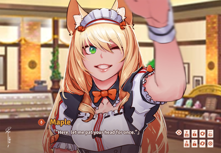 1girl animal_ears bakery blonde_hair blurry blurry_background bow bowtie cat_ears character_name commission depth_of_field english fake_screenshot fangs green_eyes hand_up indoors less lipstick long_hair looking_at_viewer maid maid_headdress makeup maple_(sayori) motion_blur nekopara one_eye_closed red_lipstick red_neckwear shop short_sleeves signature smile solo subtitled upper_body visual_novel wrist_cuffs