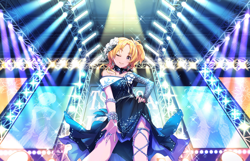 1girl artist_request blonde_hair bracelet dress earrings hair_ornament hand_on_hip highres idolmaster idolmaster_cinderella_girls idolmaster_cinderella_girls_starlight_stage jewelry kiryuu_tsukasa_(idolmaster) nail_polish official_art one_eye_closed parted_lips ring side_ponytail smile solo sparkle stage stage_lights violet_eyes