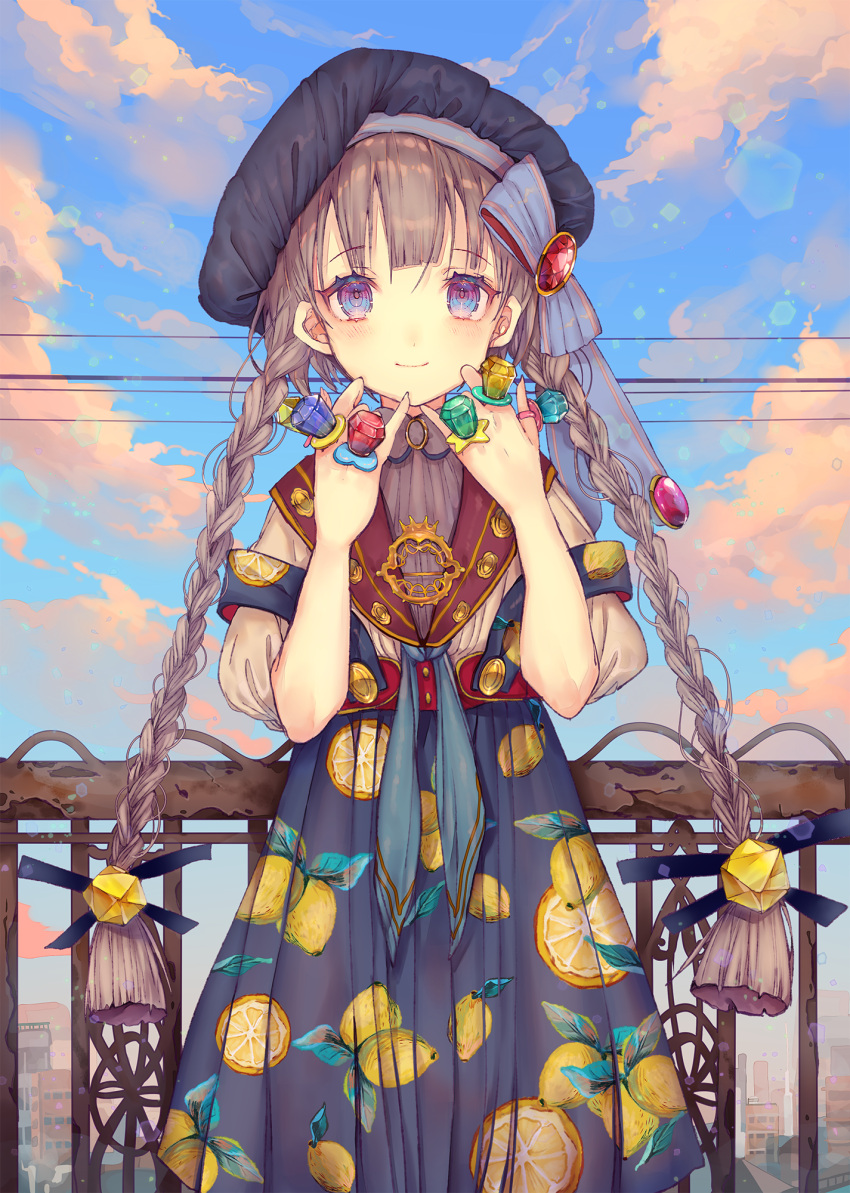 1girl bangs beret blue_eyes blue_sky blush bow braid cha_goma clouds commentary_request day dress eyebrows_visible_through_hair fence food_print gem grey_hair hair_bow hair_ornament hair_ribbon hat highres jewelry lemon_print lens_flare long_hair looking_at_viewer original outdoors puffy_short_sleeves puffy_sleeves ribbon ring short_sleeves sky smile solo standing twin_braids twintails very_long_hair