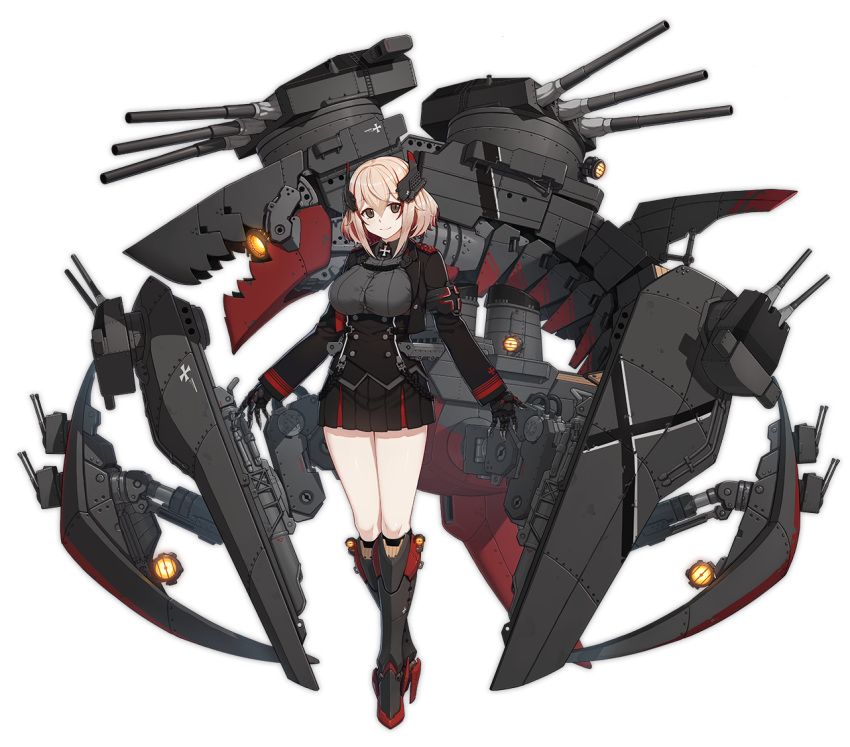 1girl armband azur_lane bangs black_footwear black_jacket black_skirt blonde_hair boots breasts brown_eyes buttons closed_mouth collared_shirt cropped_jacket dress_shirt full_body grey_shirt hair_between_eyes headgear high_heel_boots high_heels iron_cross jacket knee_boots large_breasts legs_crossed long_sleeves looking_at_viewer machinery miniskirt official_art open_clothes open_jacket pleated_skirt roon_(azur_lane) searchlight shirt short_hair simple_background skirt smile solo standing tachi-e terras transparent_background turret underbust watson_cross world_of_warships
