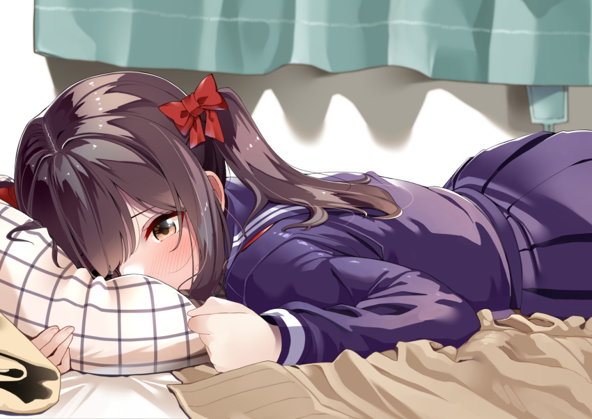 1girl bed blush brown_eyes brown_hair byte_(allbyte) face_in_pillow highres lying on_stomach original school_uniform skirt twintails