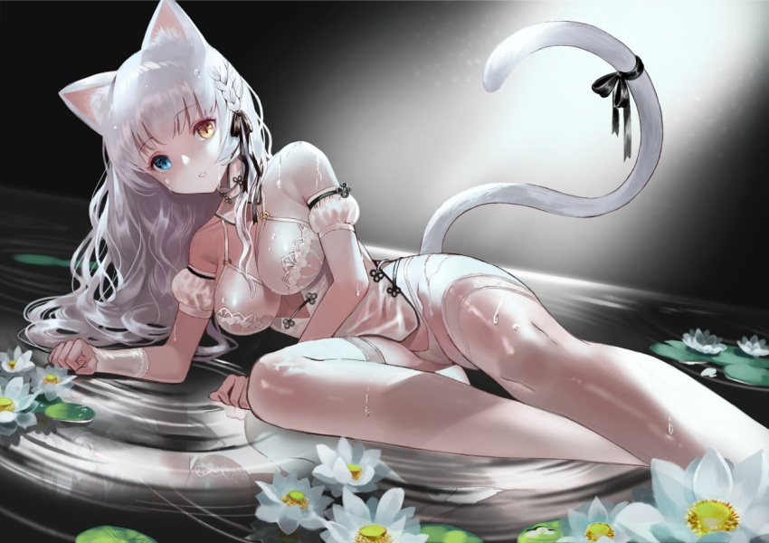 1girl animal_ears blue_eyes breasts cat_ears cat_girl cat_tail commentary_request detached_sleeves eyebrows_visible_through_hair flower heterochromia lingerie long_hair looking_at_viewer lying medium_breasts on_side original panties parted_lips puffy_short_sleeves puffy_sleeves ribbon short_sleeves silver_hair solo tail tail_ribbon terai_(teraimorimori) thigh-highs underwear underwear_only wet wet_clothes wristband yellow_eyes