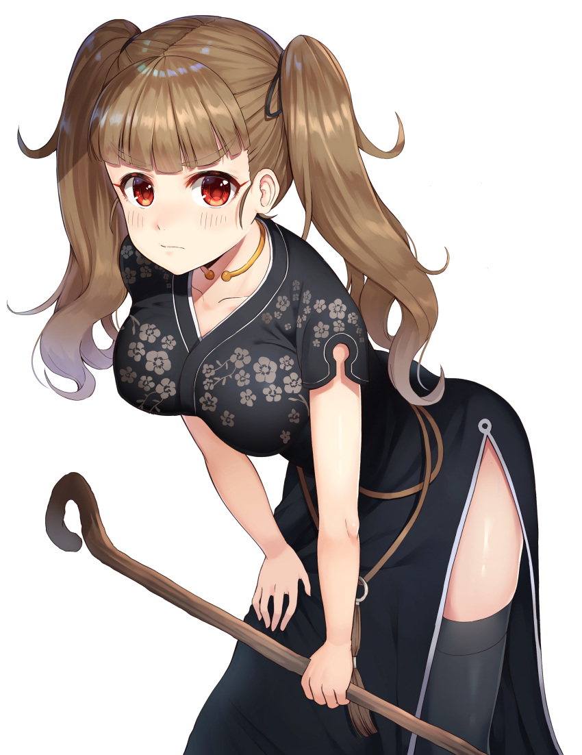 1girl absurdres alternate_costume alternate_hairstyle bangs black_dress black_legwear blunt_bangs blush breasts brown_hair china_dress chinese_clothes cosplay dress floral_print highres idolmaster idolmaster_cinderella_girls kamiya_nao leaning_forward long_hair looking_at_viewer mabinogi medium_breasts namesake nao_(mabinogi) nao_(mabinogi)_(cosplay) rangen red_eyes side_slit simple_background sketch solo thick_eyebrows thigh-highs white_background