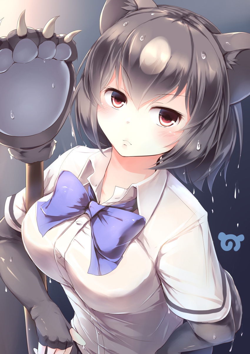 1girl absurdres bear_paw blush bow bowtie brown_bear_(kemono_friends) brown_hair claws collared_shirt commentary_request elbow_gloves eyebrows_visible_through_hair fingerless_gloves gloves highres japari_symbol kanzakietc kemono_friends multicolored_hair shirt short_hair short_sleeves solo upper_body water_drop weapon wet white_hair